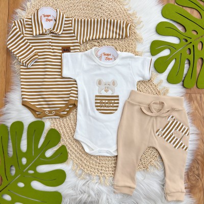 Conj. de Malha 3 peças - Bear Baby Listrado - Areia e Off White